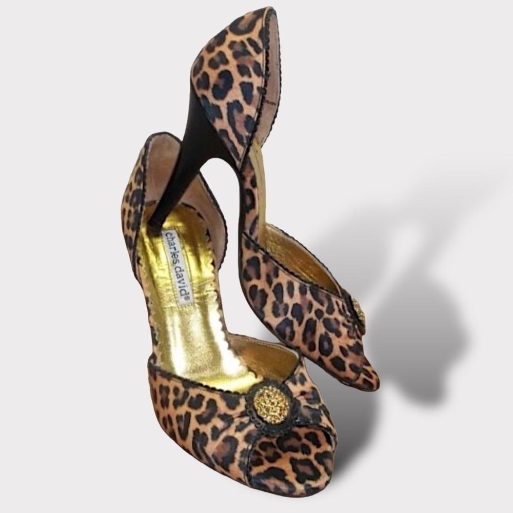 Charles David Leopard Animal Print Peep Heeled Pumps Crystal Embellished Size…